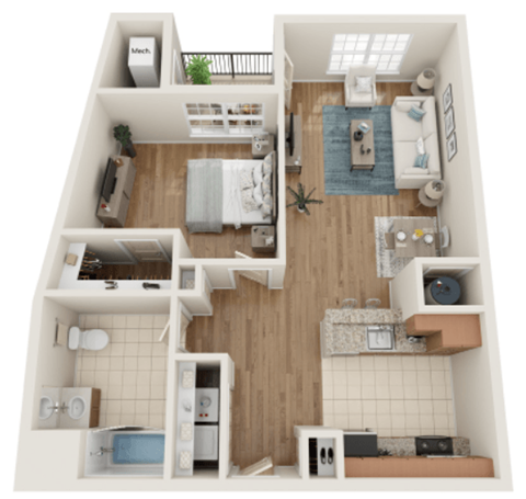 Floor plan for 1 bed, 1 bath, 833 sqft